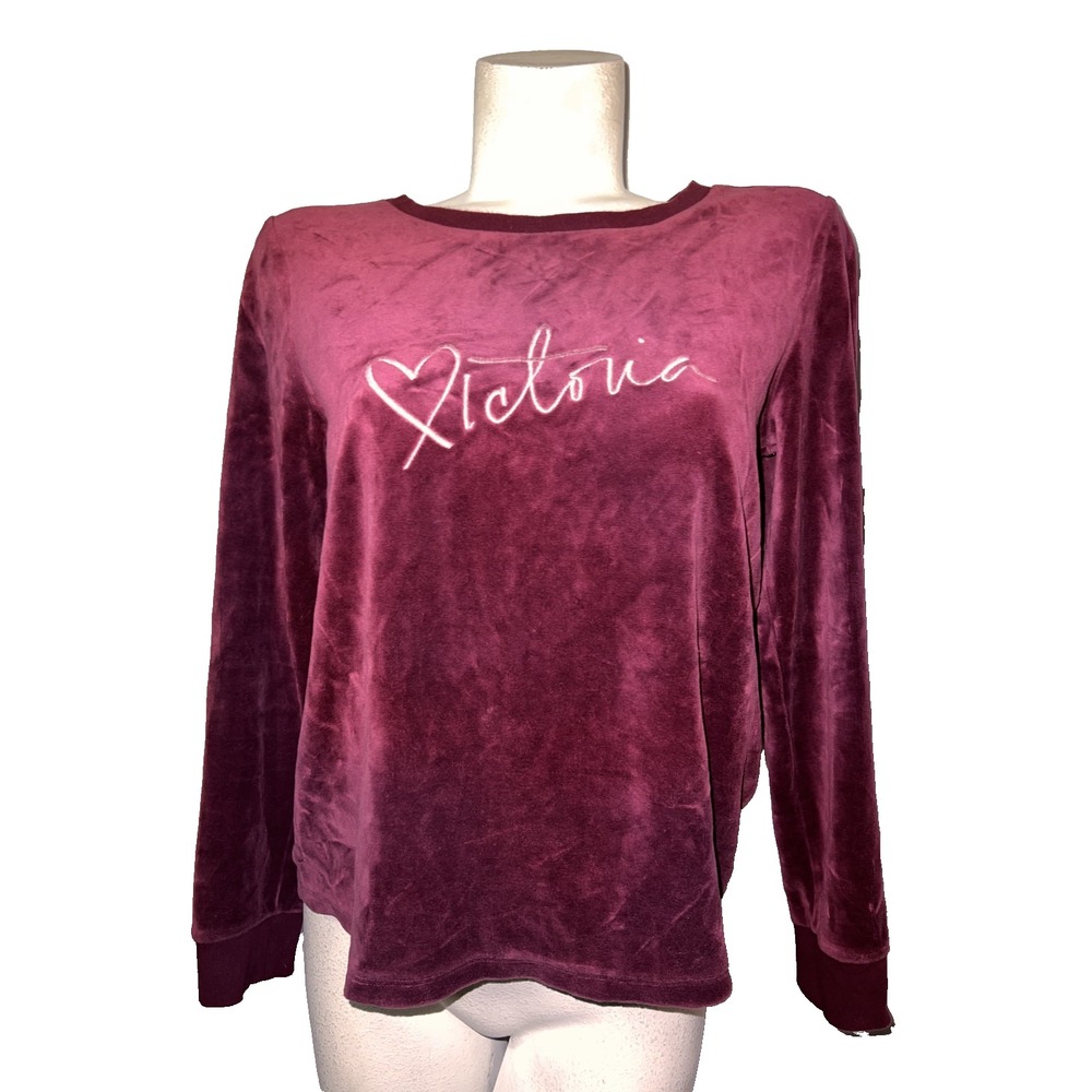 Victoria Secret Womens Velour Long Sleeve Top Burgundy Open Back Script Logo M
